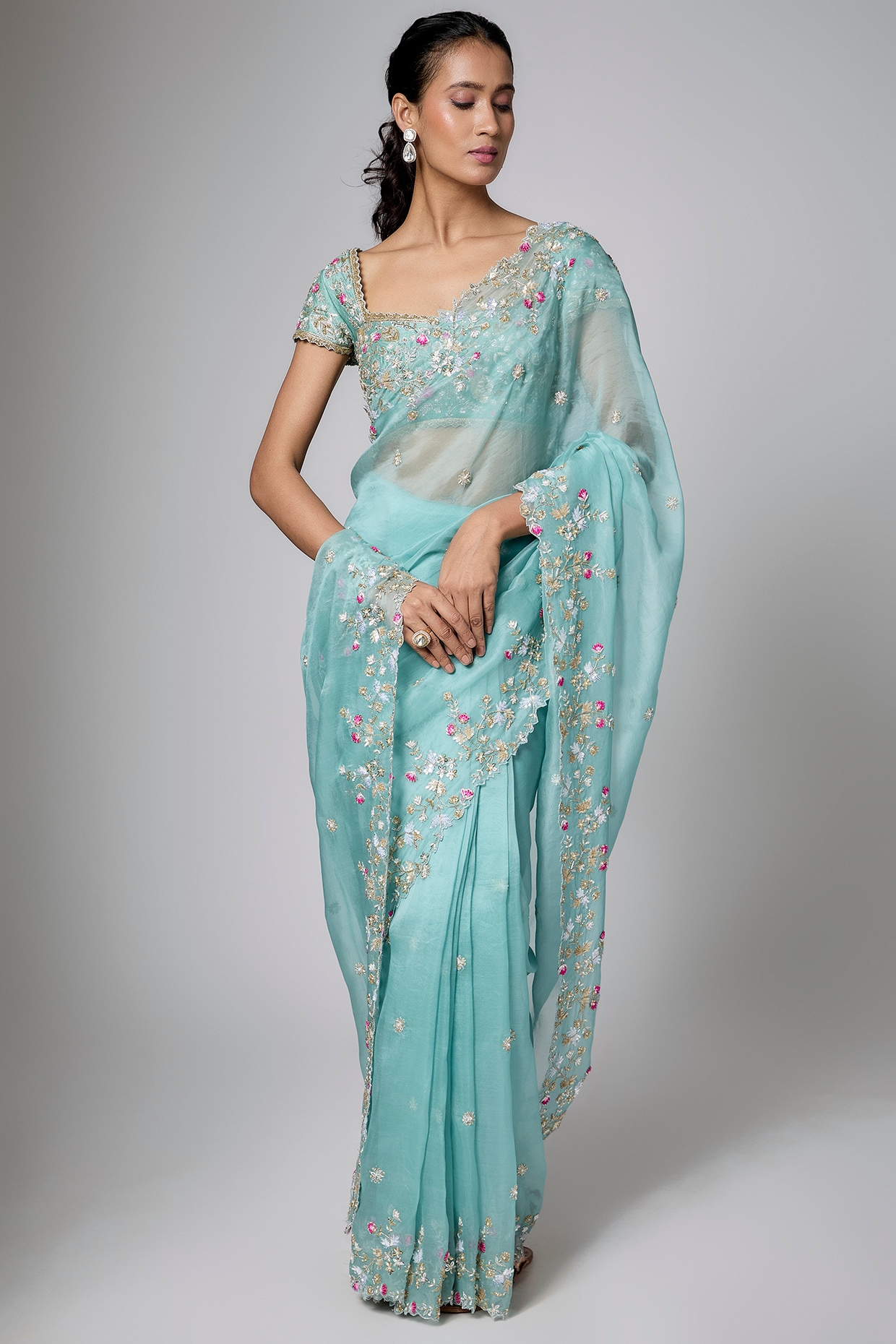 Shlok Design Mint Green Organza Cutwork Embroidered Saree Set