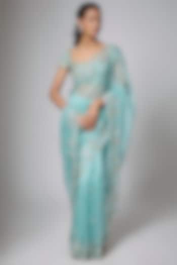 Mint Green Organza Cutwork Embroidered Reception Saree Set by Shlok Design at Pernia's Pop Up Shop