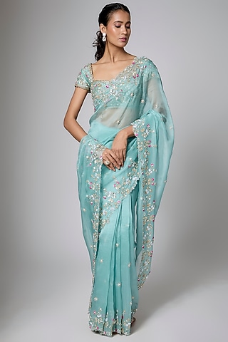 Mint Green Organza Cutwork Embroidered Saree Set by Shlok Design
