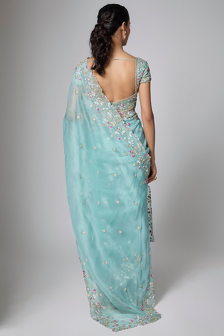 Mint Green Organza Cutwork Embroidered Reception Saree Set by Shlok Design at Pernia's Pop Up Shop
