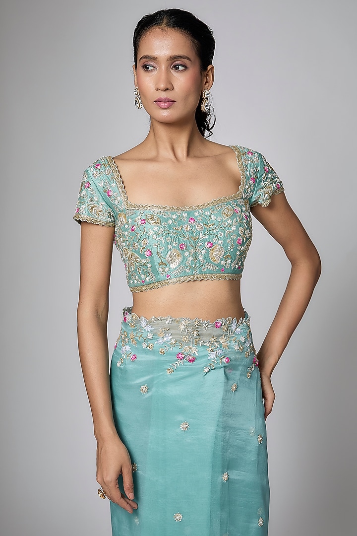 Mint Green Organza Cutwork Embroidered Reception Saree Set by Shlok Design at Pernia's Pop Up Shop