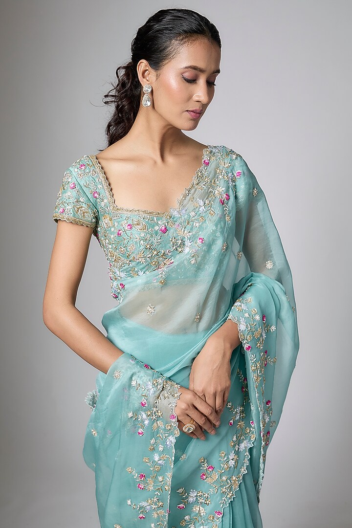 Mint Green Organza Cutwork Embroidered Reception Saree Set by Shlok Design at Pernia's Pop Up Shop
