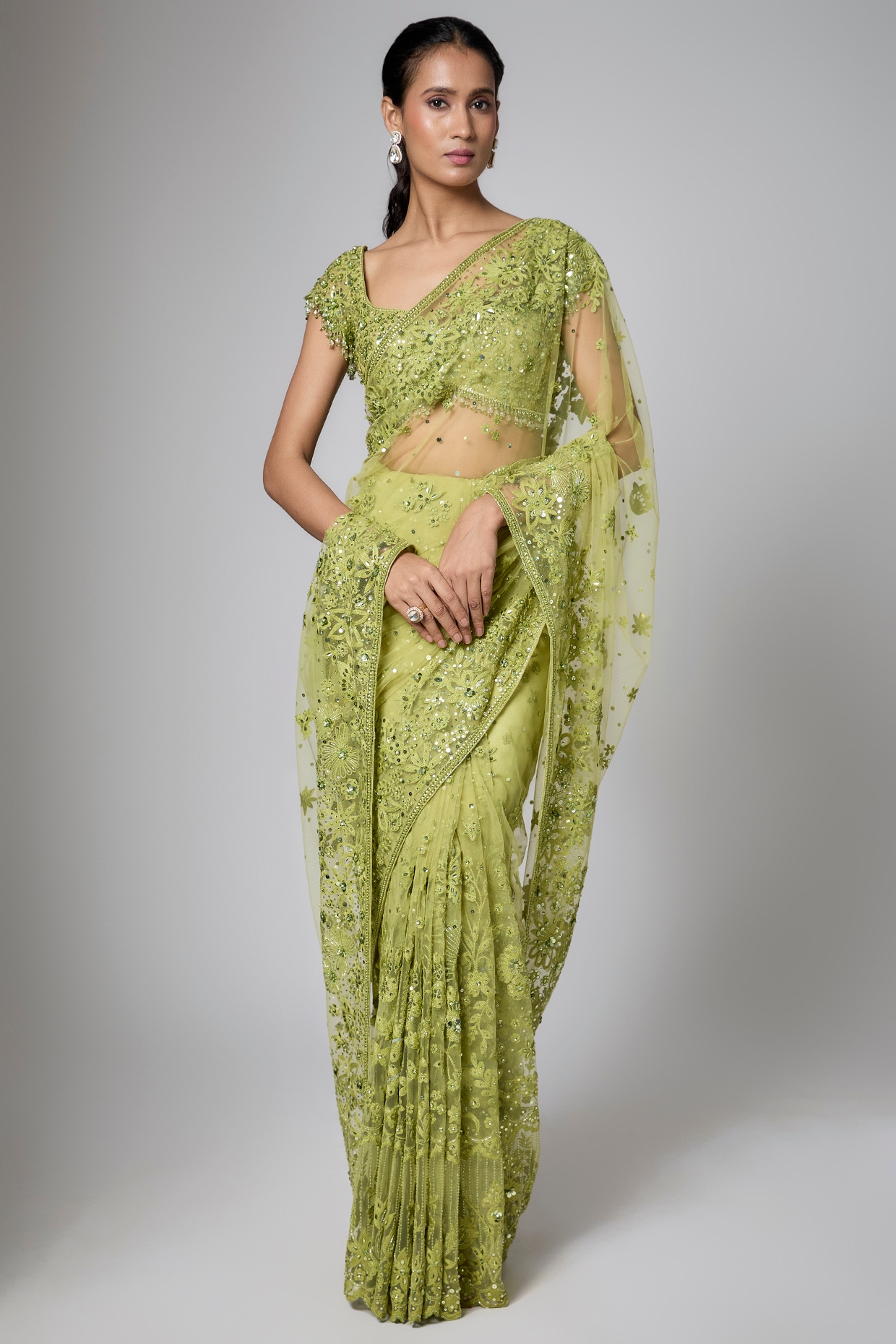 Shlok Design Green Net Cutdana Embroidered Saree Set