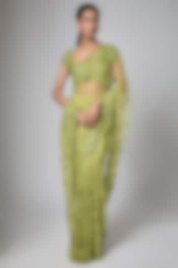 Green Net Cutdana Embroidered Reception Saree Set by Shlok Design at Pernia's Pop Up Shop