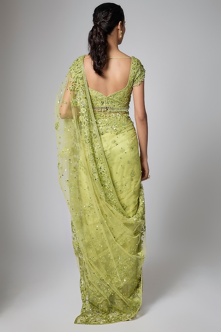 Green Net Cutdana Embroidered Reception Saree Set by Shlok Design at Pernia's Pop Up Shop