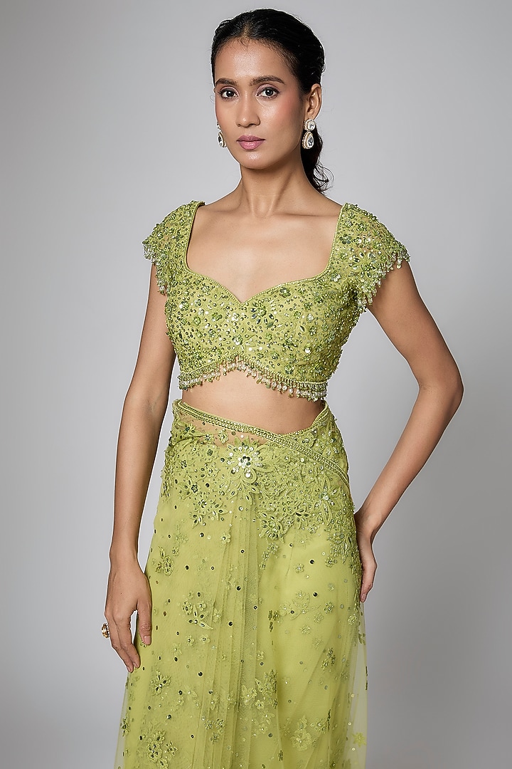 Green Net Cutdana Embroidered Reception Saree Set by Shlok Design at Pernia's Pop Up Shop