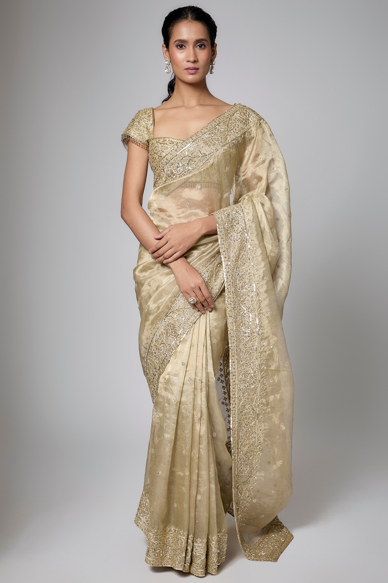 Shlok Design Golden Tissue Zardosi Embroidered Saree Set
