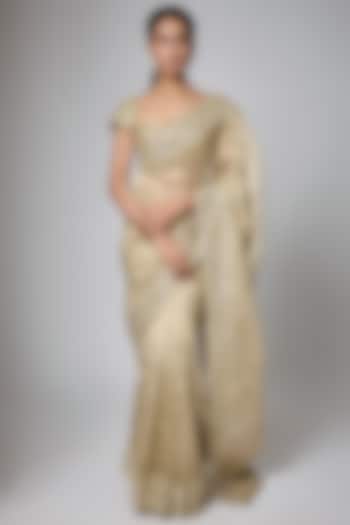 Golden Tissue Zardosi Embroidered Reception Saree Set by Shlok Design at Pernia's Pop Up Shop