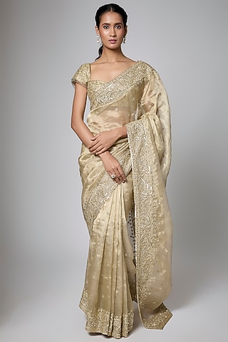 Golden Tissue Zardosi Embroidered Saree Set by Shlok Design