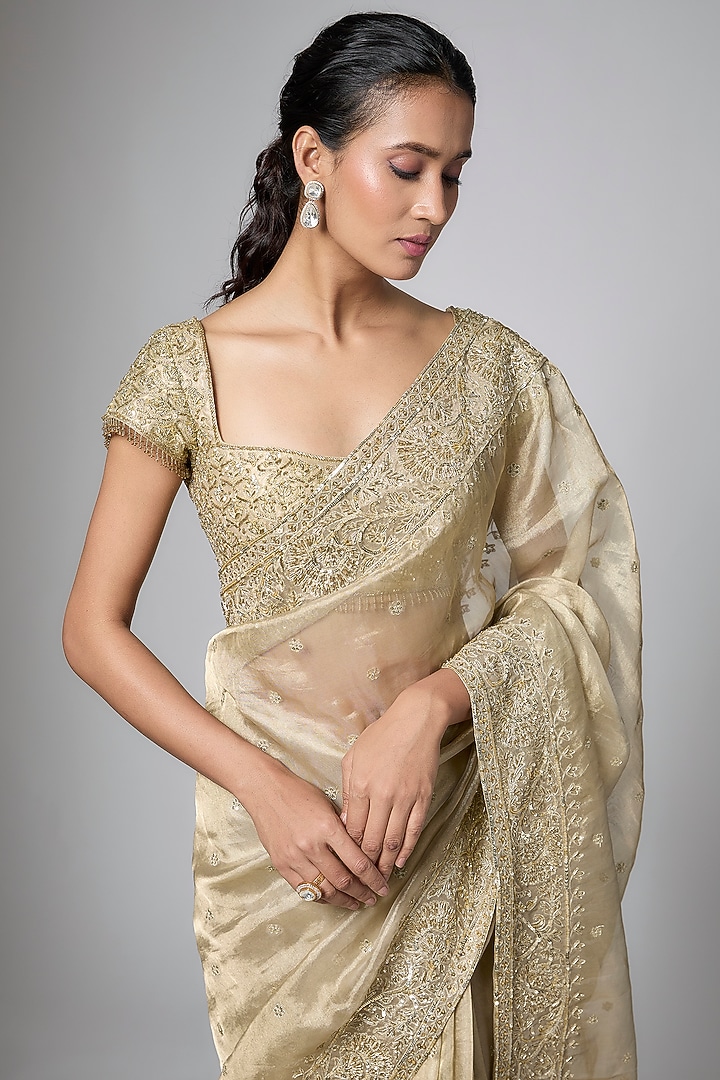 Golden Tissue Zardosi Embroidered Reception Saree Set by Shlok Design at Pernia's Pop Up Shop
