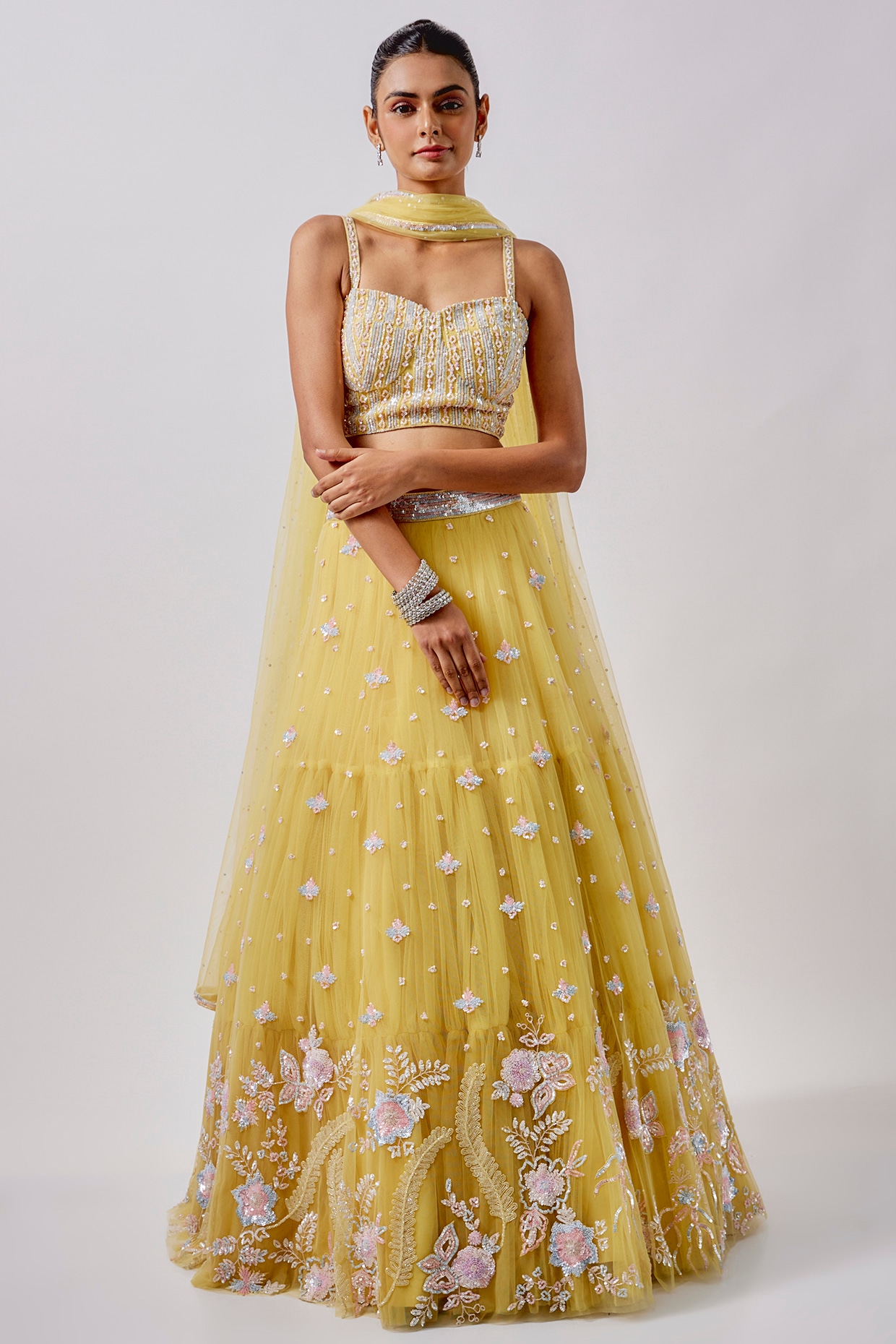Embroidered Rayon Layered Embroidered Lehenga in Yellow : LRG50