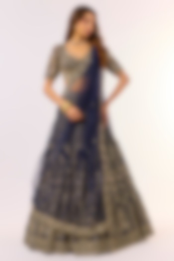 Navy Blue Dupion Silk Sequins & Cutdana Embroidered Bridal lehenga for 22 Lehenga Set by Shlok Design at Pernia's Pop Up Shop
