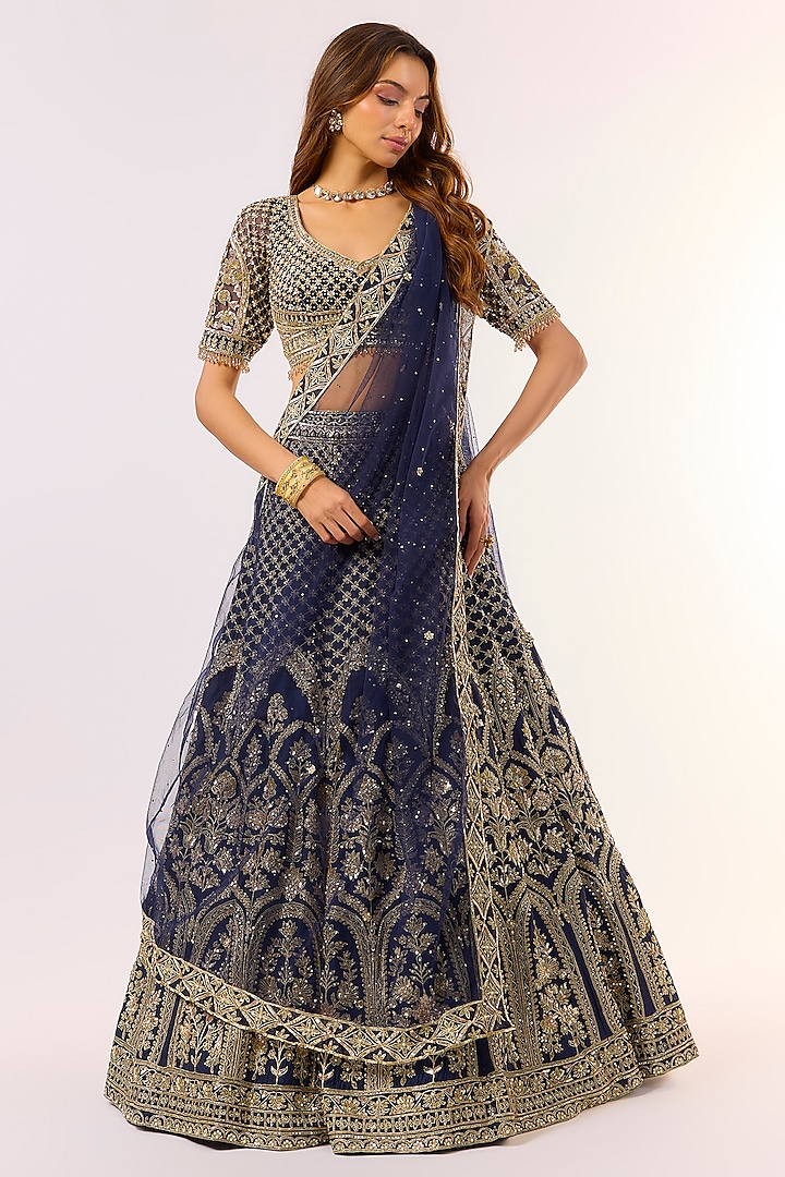 Navy Blue Dupion Silk Sequins & Cutdana Embroidered Bridal lehenga for 22 Lehenga Set by Shlok Design at Pernia's Pop Up Shop