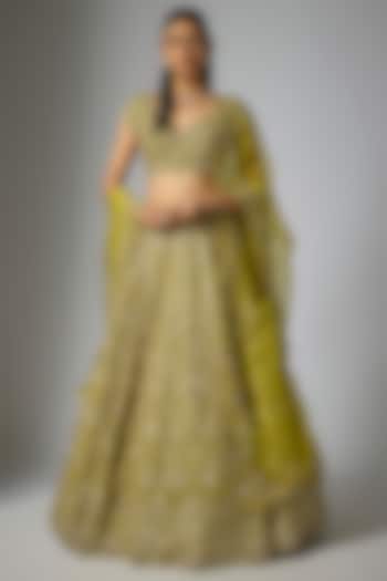 Green Dupion Silk Zardosi Embroidered Handcrafted Bridal lehenga for 22 Lehenga Set by Shlok Design at Pernia's Pop Up Shop