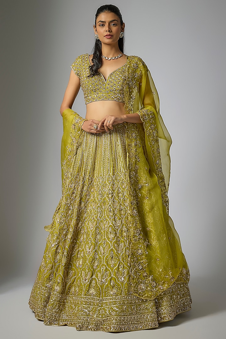 Green Dupion Silk Zardosi Embroidered Handcrafted Bridal lehenga for 22 Lehenga Set by Shlok Design at Pernia's Pop Up Shop