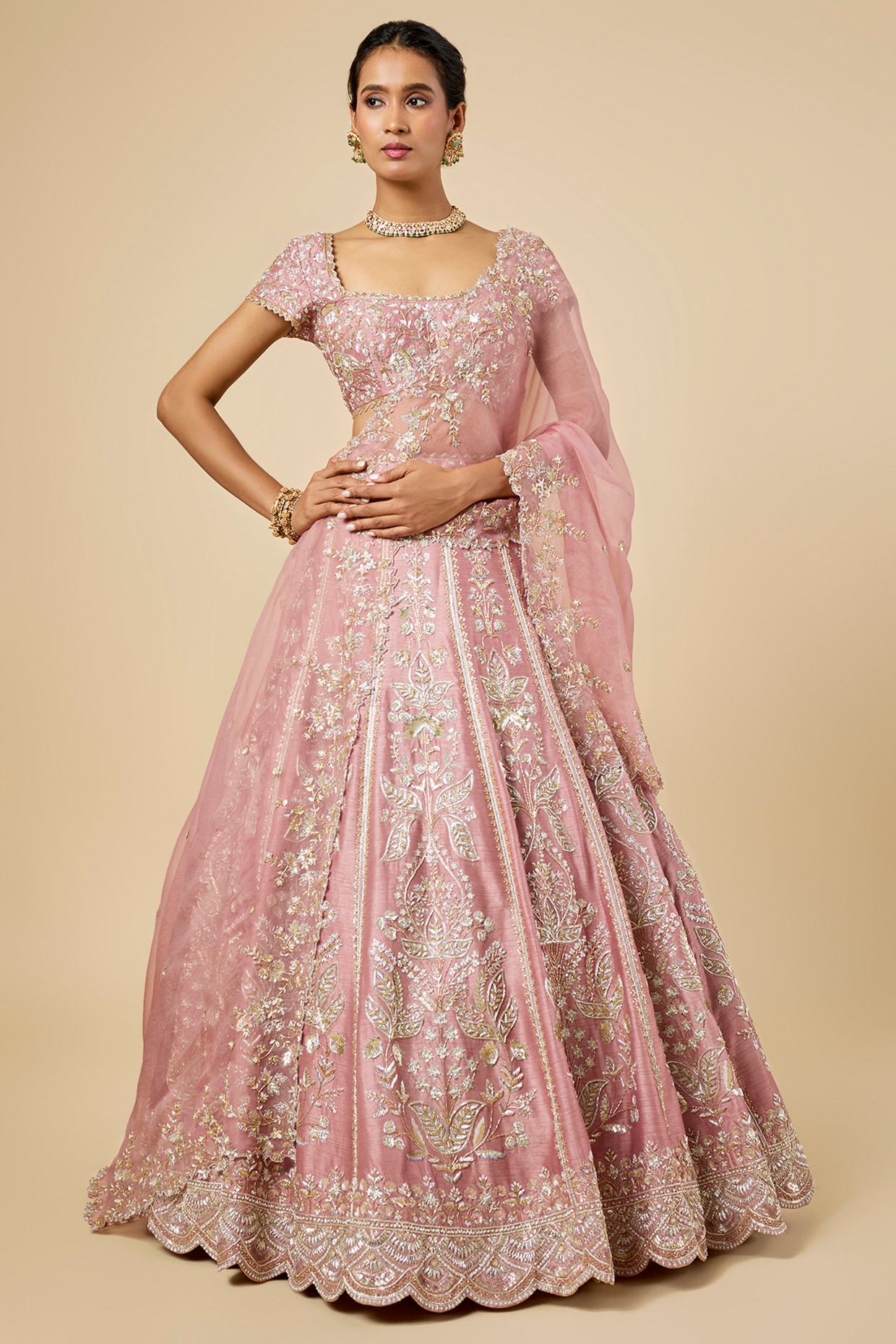 Shlok Design Rose Pink Dupion Zardosi Embroidered Lehenga Set