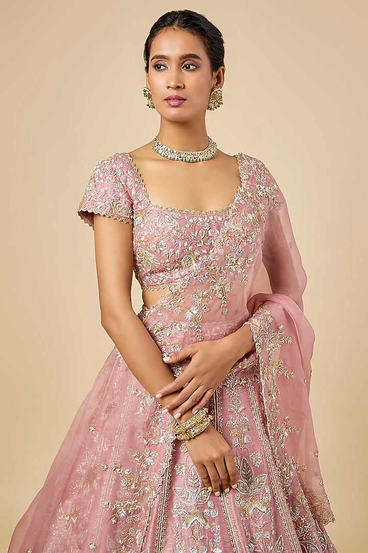 Rose Pink Dupion Zardosi Embroidered Bridal Lehenga Set by Shlok Design at Pernia's Pop Up Shop