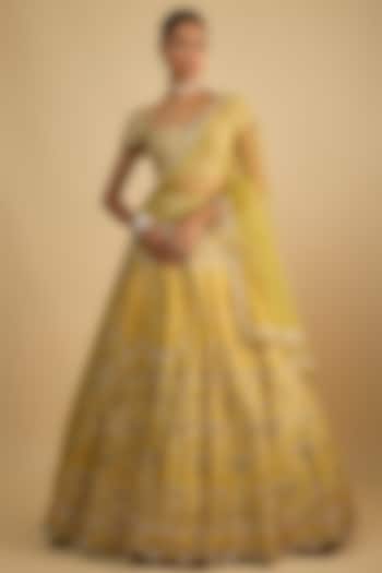 Yellow Dupion Zardosi Embroidered Handcrafted Bridal Lehenga Set by Shlok Design at Pernia's Pop Up Shop