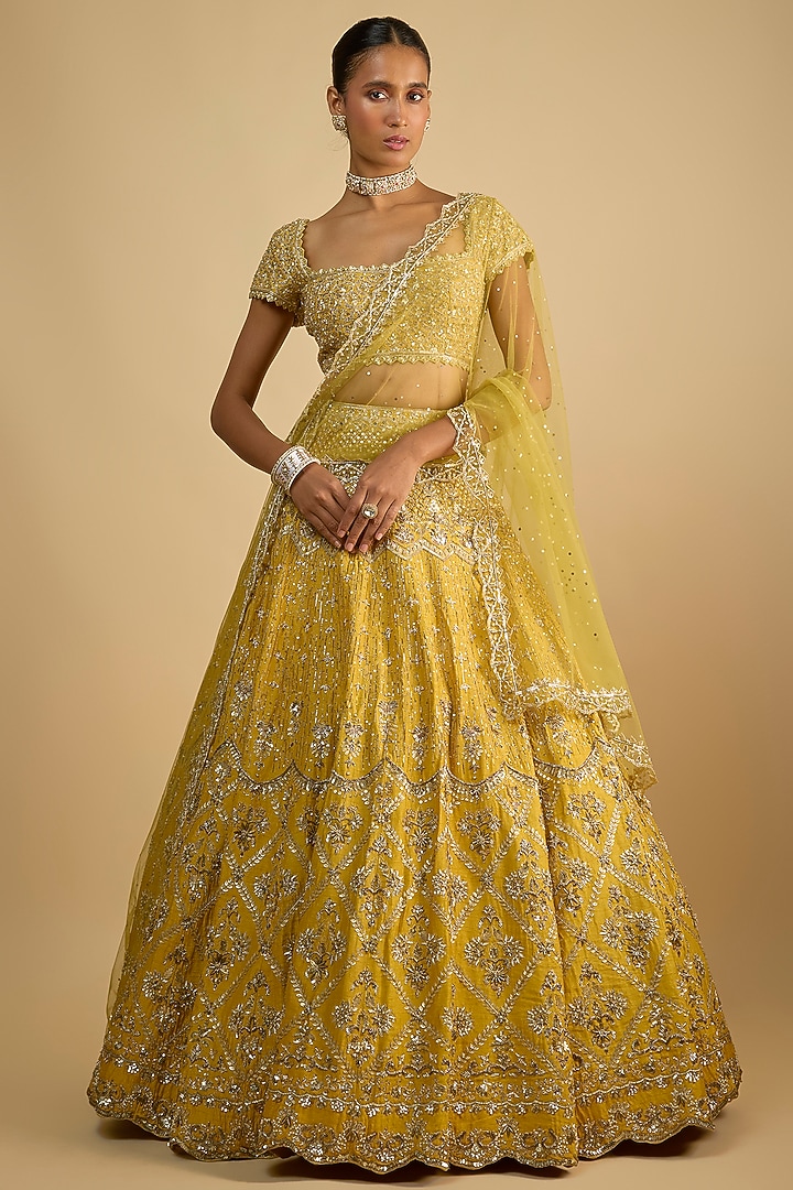 Yellow Dupion Zardosi Embroidered Handcrafted Bridal Lehenga Set by Shlok Design at Pernia's Pop Up Shop