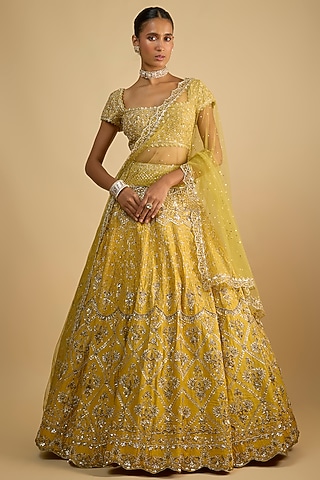 Yellow Dupion Zardosi Embroidered Handcrafted Lehenga Set by Shlok Design