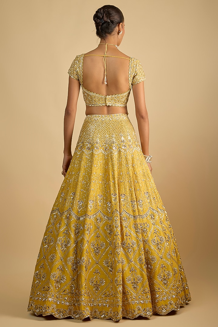 Yellow Dupion Zardosi Embroidered Handcrafted Bridal Lehenga Set by Shlok Design at Pernia's Pop Up Shop