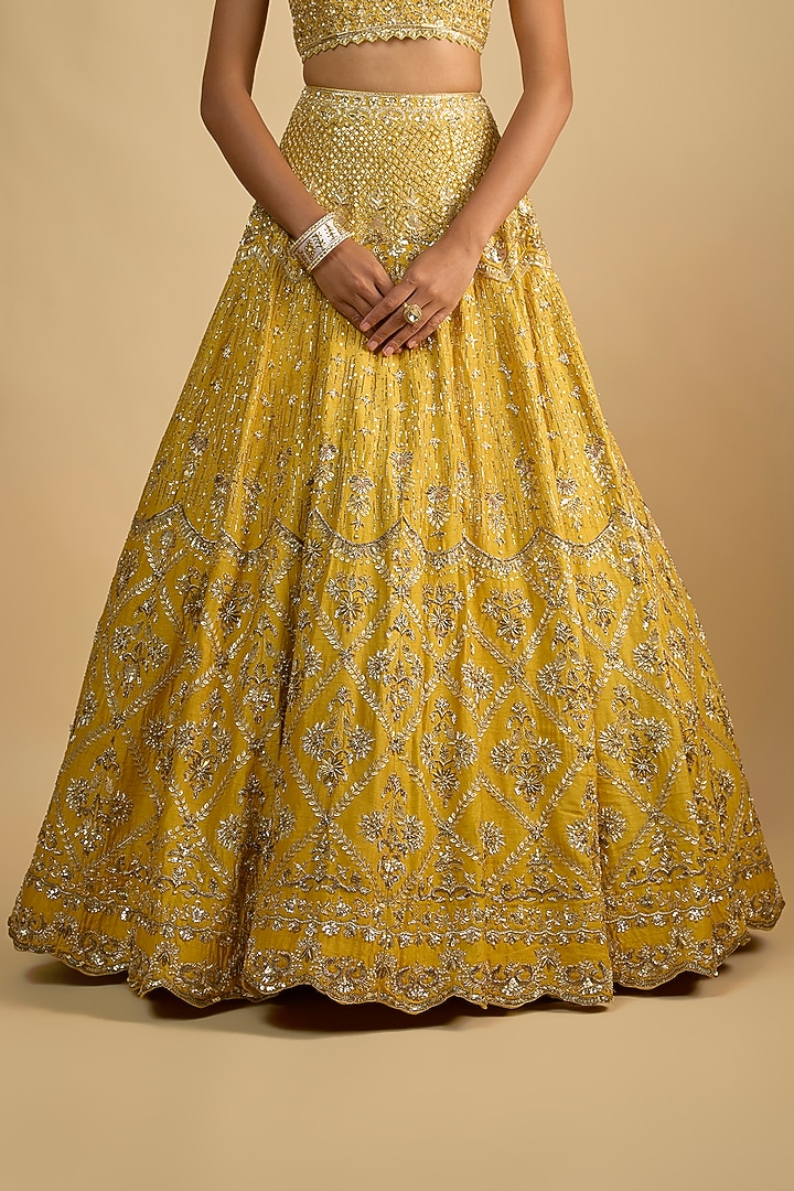 Yellow Dupion Zardosi Embroidered Handcrafted Bridal Lehenga Set by Shlok Design at Pernia's Pop Up Shop