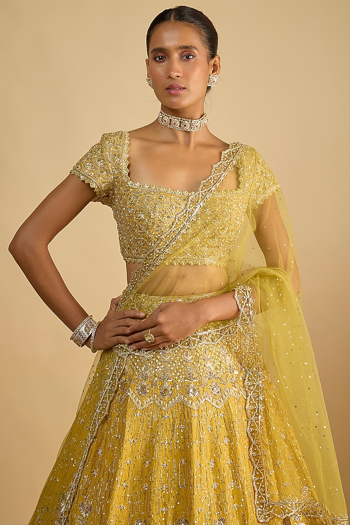 Yellow Dupion Zardosi Embroidered Handcrafted Bridal Lehenga Set by Shlok Design at Pernia's Pop Up Shop