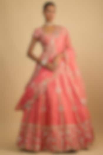 Coral Pink Raw Silk Zardosi Embroidered Bridal Lehenga Set by Shlok Design at Pernia's Pop Up Shop