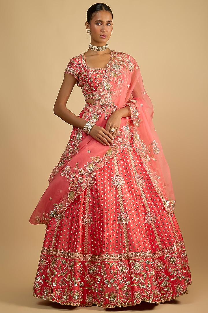 Coral Pink Raw Silk Zardosi Embroidered Bridal Lehenga Set by Shlok Design at Pernia's Pop Up Shop