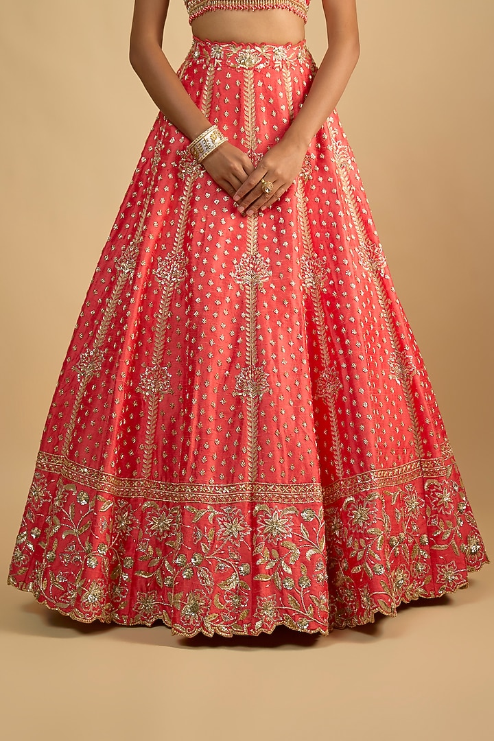 Coral Pink Raw Silk Zardosi Embroidered Bridal Lehenga Set by Shlok Design at Pernia's Pop Up Shop