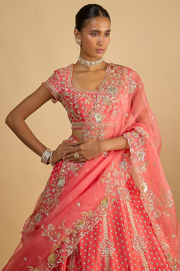 Coral Pink Raw Silk Zardosi Embroidered Bridal Lehenga Set by Shlok Design at Pernia's Pop Up Shop