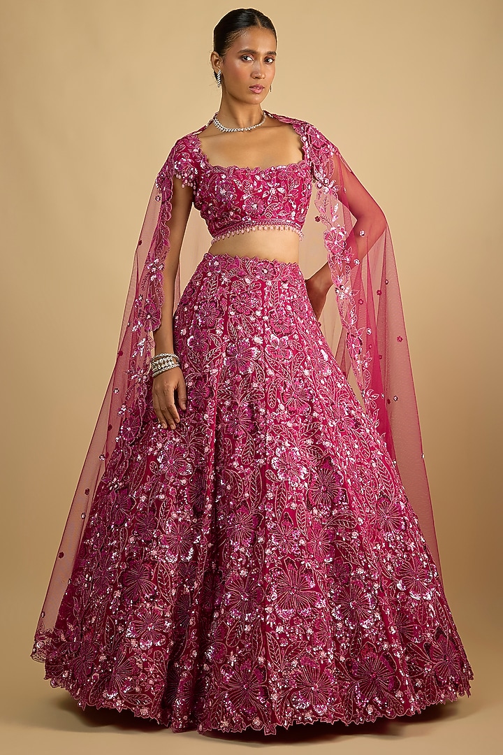 Magenta Organza Sequins Embroidered Bridal Lehenga Set by Shlok Design at Pernia's Pop Up Shop