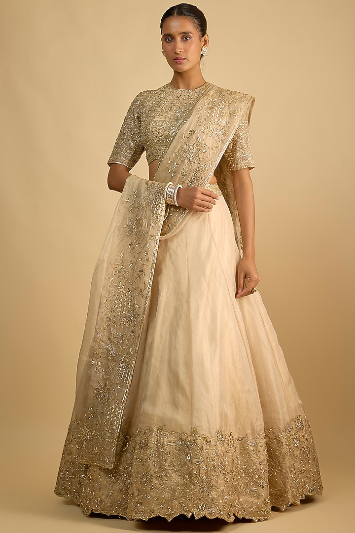 Gold Organza Tissue Zardosi Embroidered Banarasi Wedding Lehenga Set by Shlok Design at Pernia's Pop Up Shop