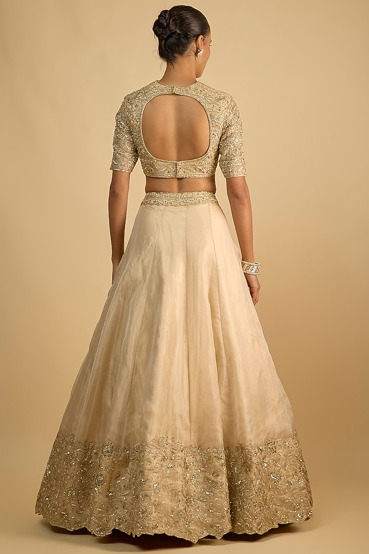 Gold Organza Tissue Zardosi Embroidered Banarasi Wedding Lehenga Set by Shlok Design at Pernia's Pop Up Shop
