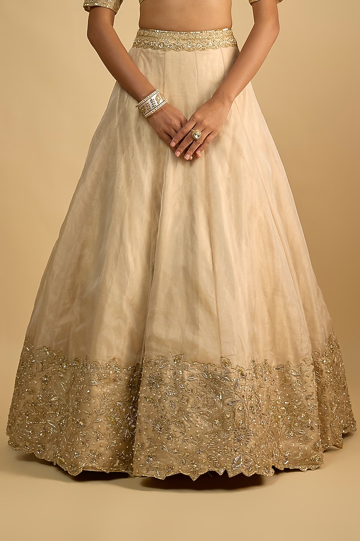 Gold Organza Tissue Zardosi Embroidered Banarasi Wedding Lehenga Set by Shlok Design at Pernia's Pop Up Shop