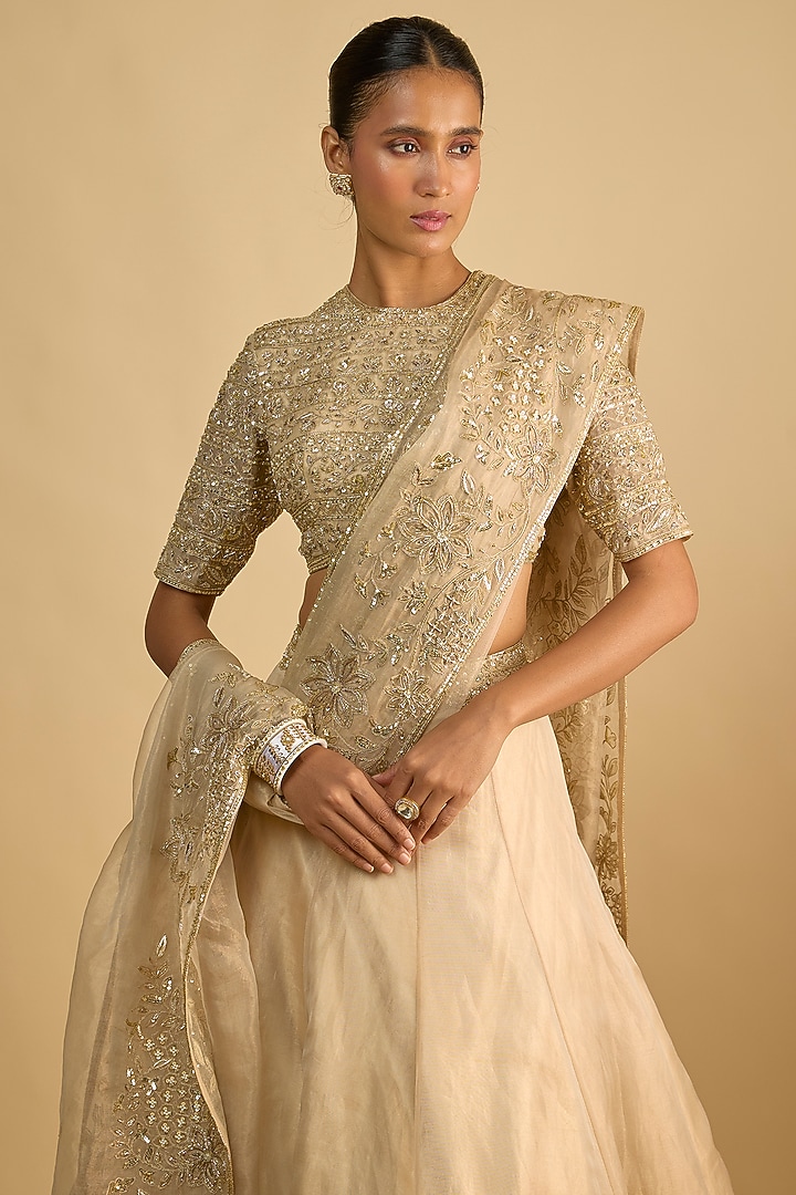 Gold Organza Tissue Zardosi Embroidered Banarasi Wedding Lehenga Set by Shlok Design at Pernia's Pop Up Shop