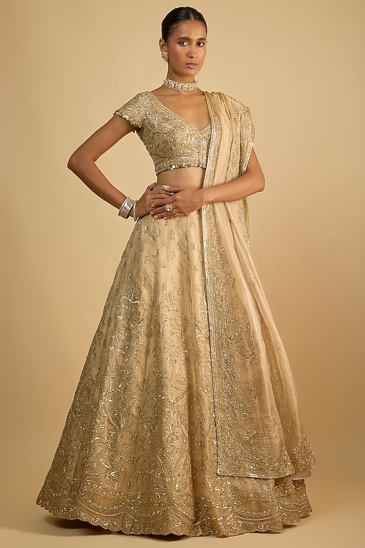Gold Tissue Organza Zardosi Embroidered Bridal Lehenga Set by Shlok Design at Pernia's Pop Up Shop