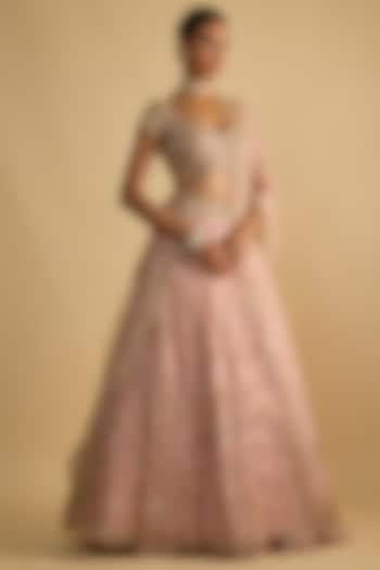 Pink Net Sequins Embroidered Bridal Lehenga Set by Shlok Design at Pernia's Pop Up Shop
