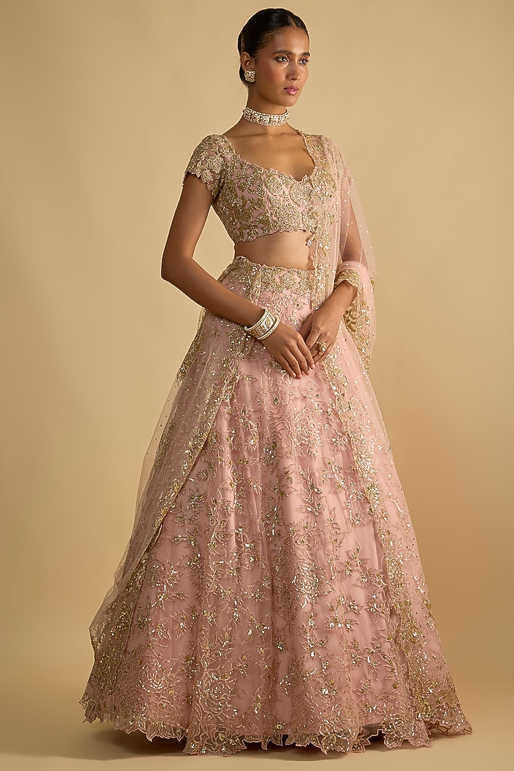 Pink Net Sequins Embroidered Bridal Lehenga Set by Shlok Design at Pernia's Pop Up Shop