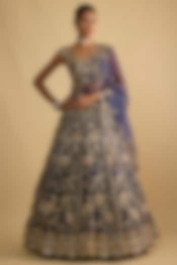Blue Dupion Zardosi Embroidered Handcrafted Bridal Lehenga Set by Shlok Design at Pernia's Pop Up Shop