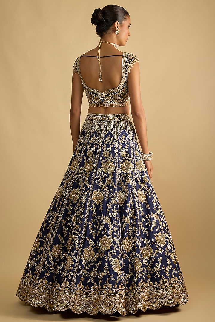 Blue Dupion Zardosi Embroidered Handcrafted Bridal Lehenga Set by Shlok Design at Pernia's Pop Up Shop