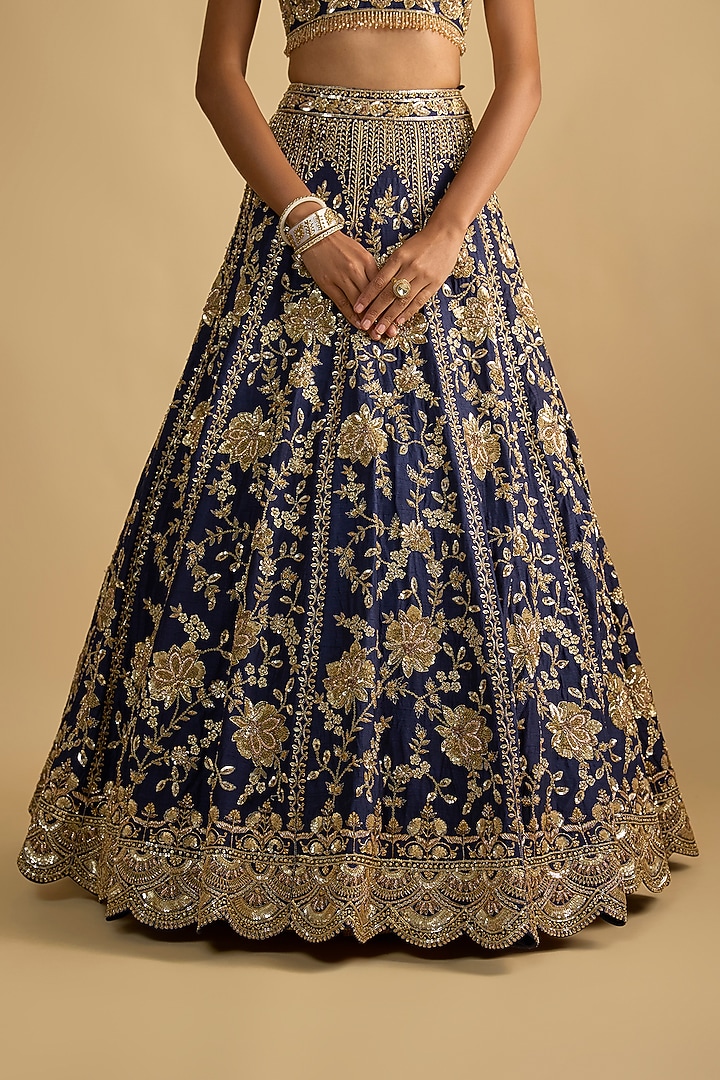 Blue Dupion Zardosi Embroidered Handcrafted Bridal Lehenga Set by Shlok Design at Pernia's Pop Up Shop