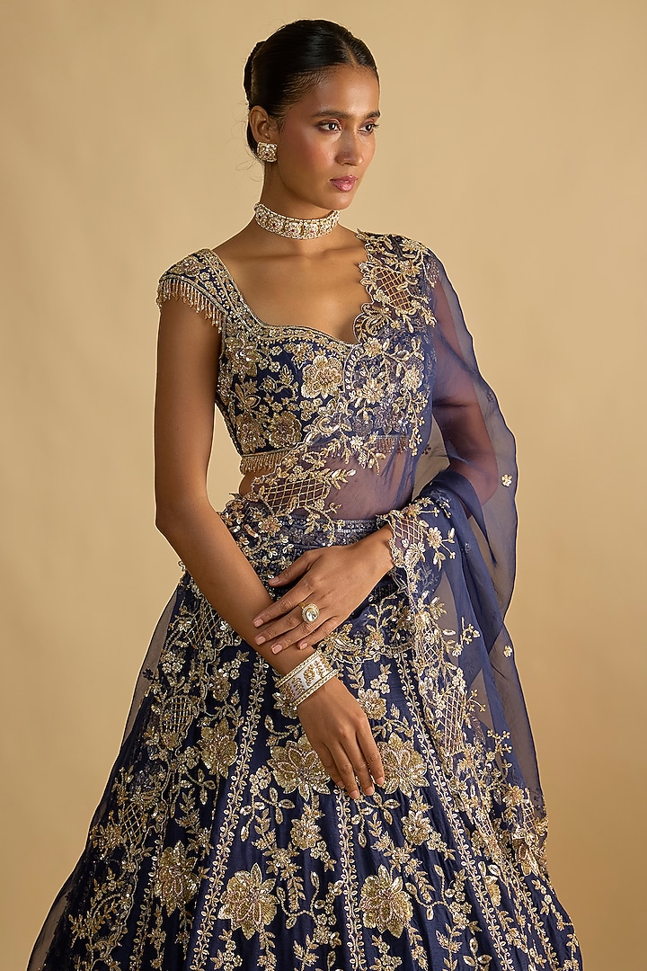 Blue Dupion Zardosi Embroidered Handcrafted Bridal Lehenga Set by Shlok Design at Pernia's Pop Up Shop