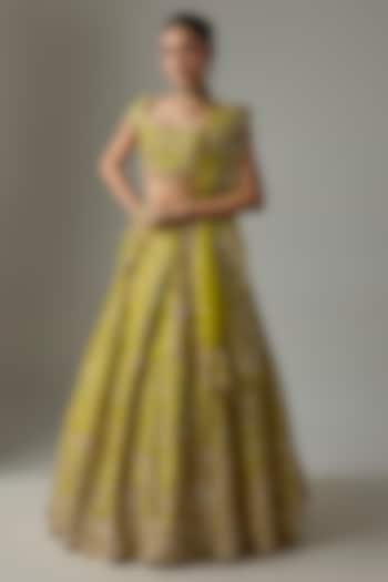 Green Raw Silk Zardosi Embroidered Bridal Lehenga Set by Shlok Design at Pernia's Pop Up Shop