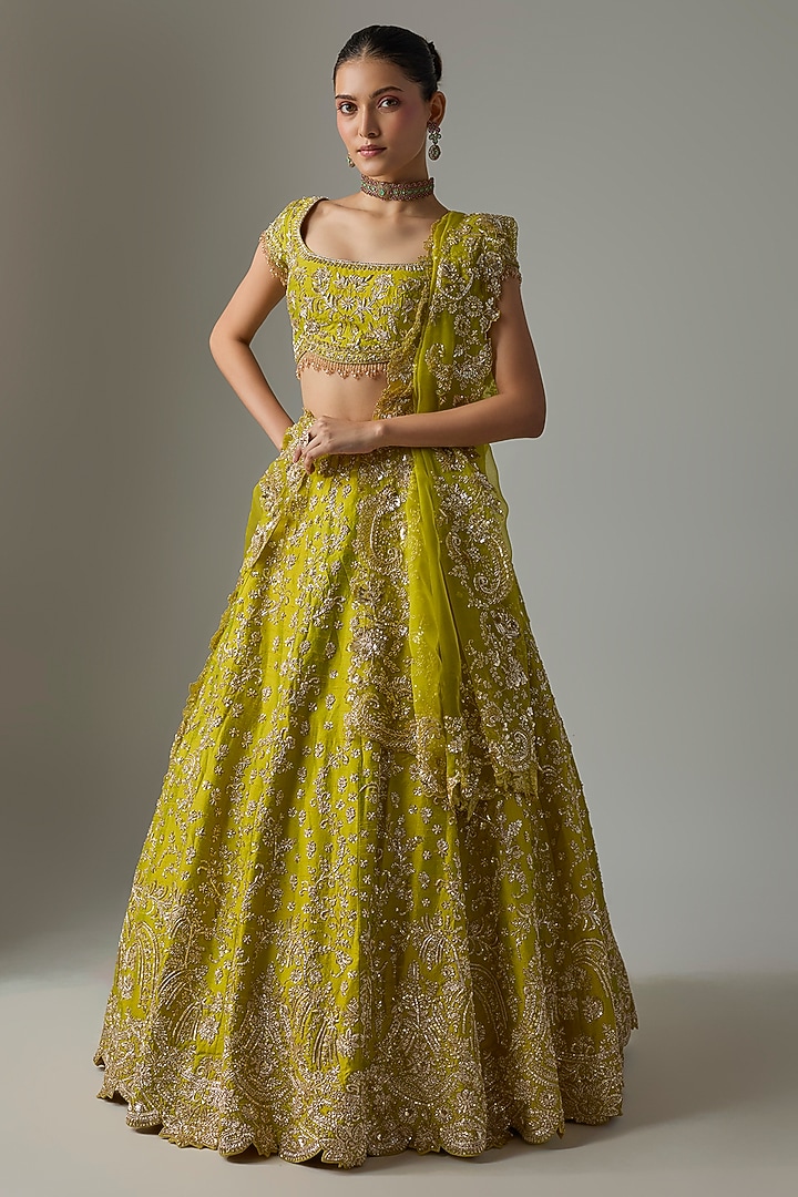 Green Raw Silk Zardosi Embroidered Bridal Lehenga Set by Shlok Design at Pernia's Pop Up Shop