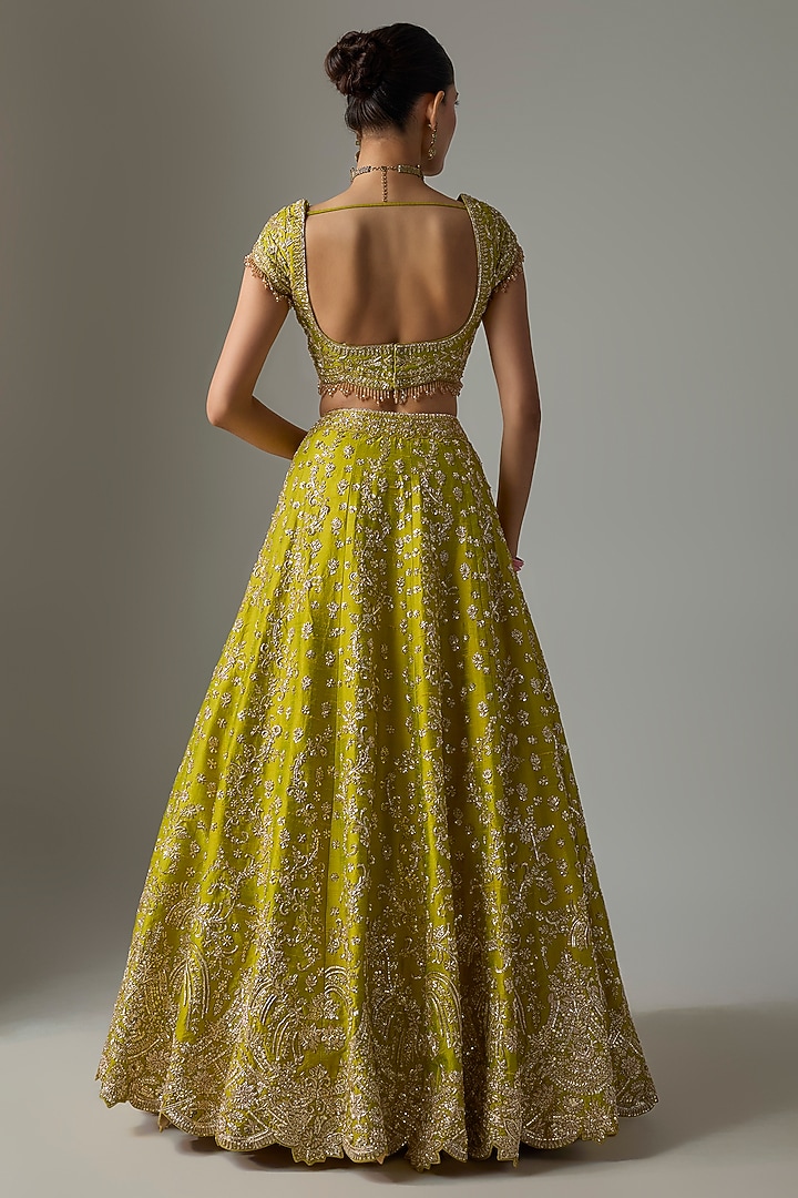 Green Raw Silk Zardosi Embroidered Bridal Lehenga Set by Shlok Design at Pernia's Pop Up Shop
