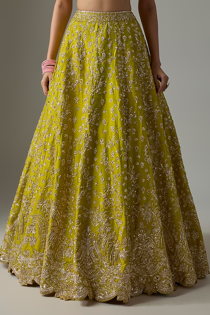 Green Raw Silk Zardosi Embroidered Bridal Lehenga Set by Shlok Design at Pernia's Pop Up Shop