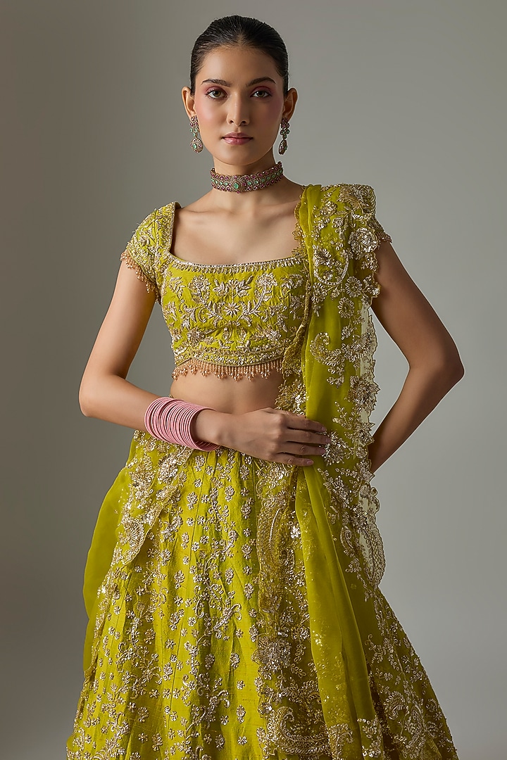 Green Raw Silk Zardosi Embroidered Bridal Lehenga Set by Shlok Design at Pernia's Pop Up Shop