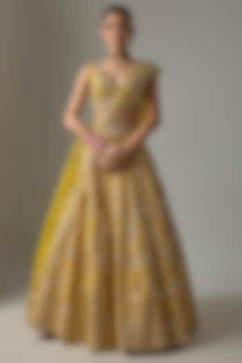 Yellow Raw Silk Zardosi Embroidered Bridal Lehenga Set by Shlok Design at Pernia's Pop Up Shop