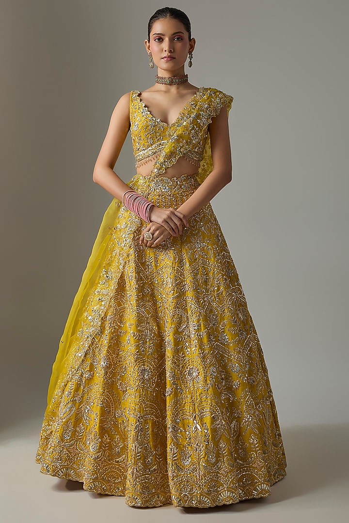 Yellow Raw Silk Zardosi Embroidered Bridal Lehenga Set by Shlok Design at Pernia's Pop Up Shop